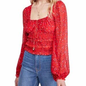 Free people Lolita smocked red floral long sleeve XS